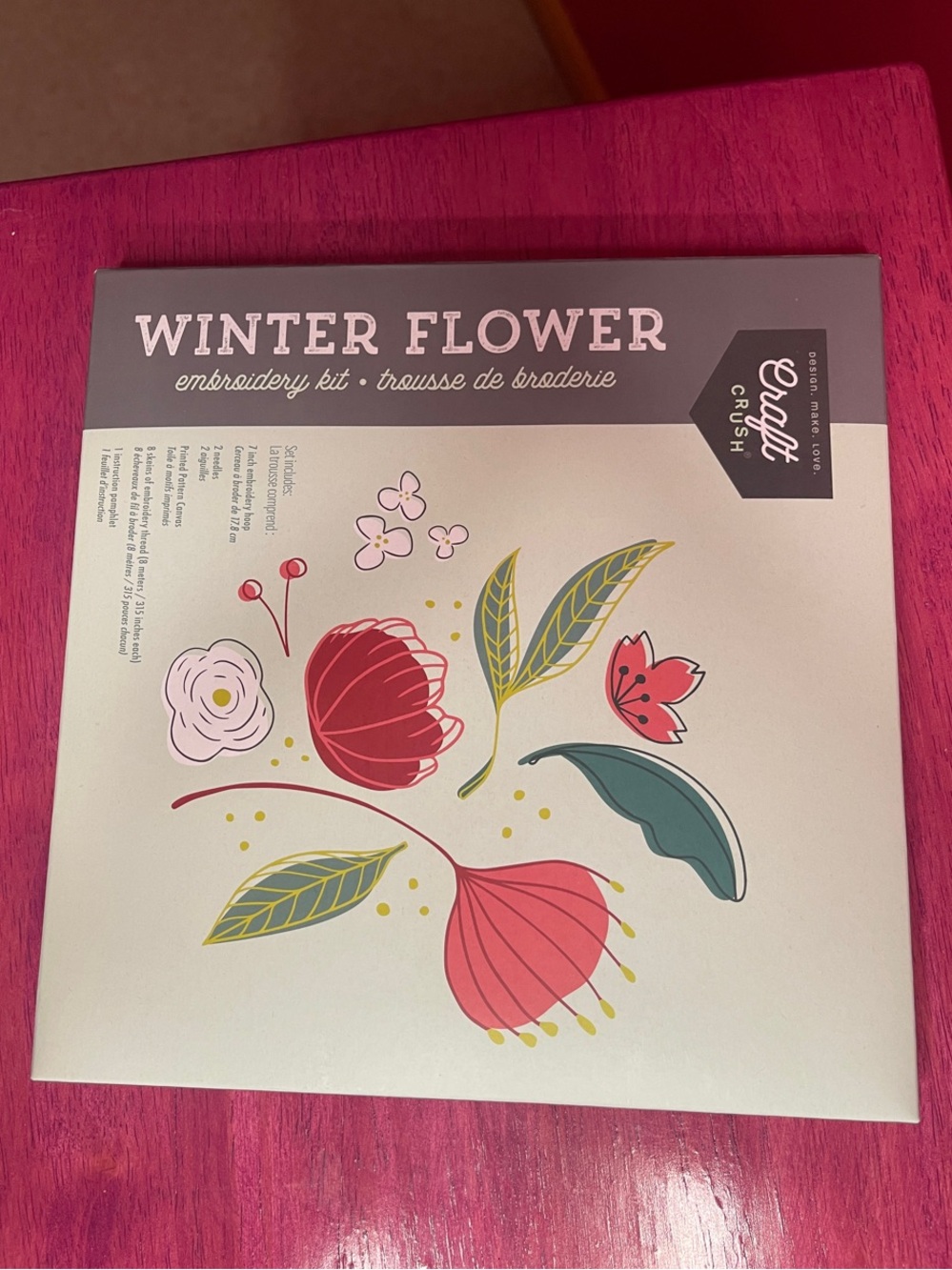 New Winter Flower Embroidery Kit - Floral Pink & Green